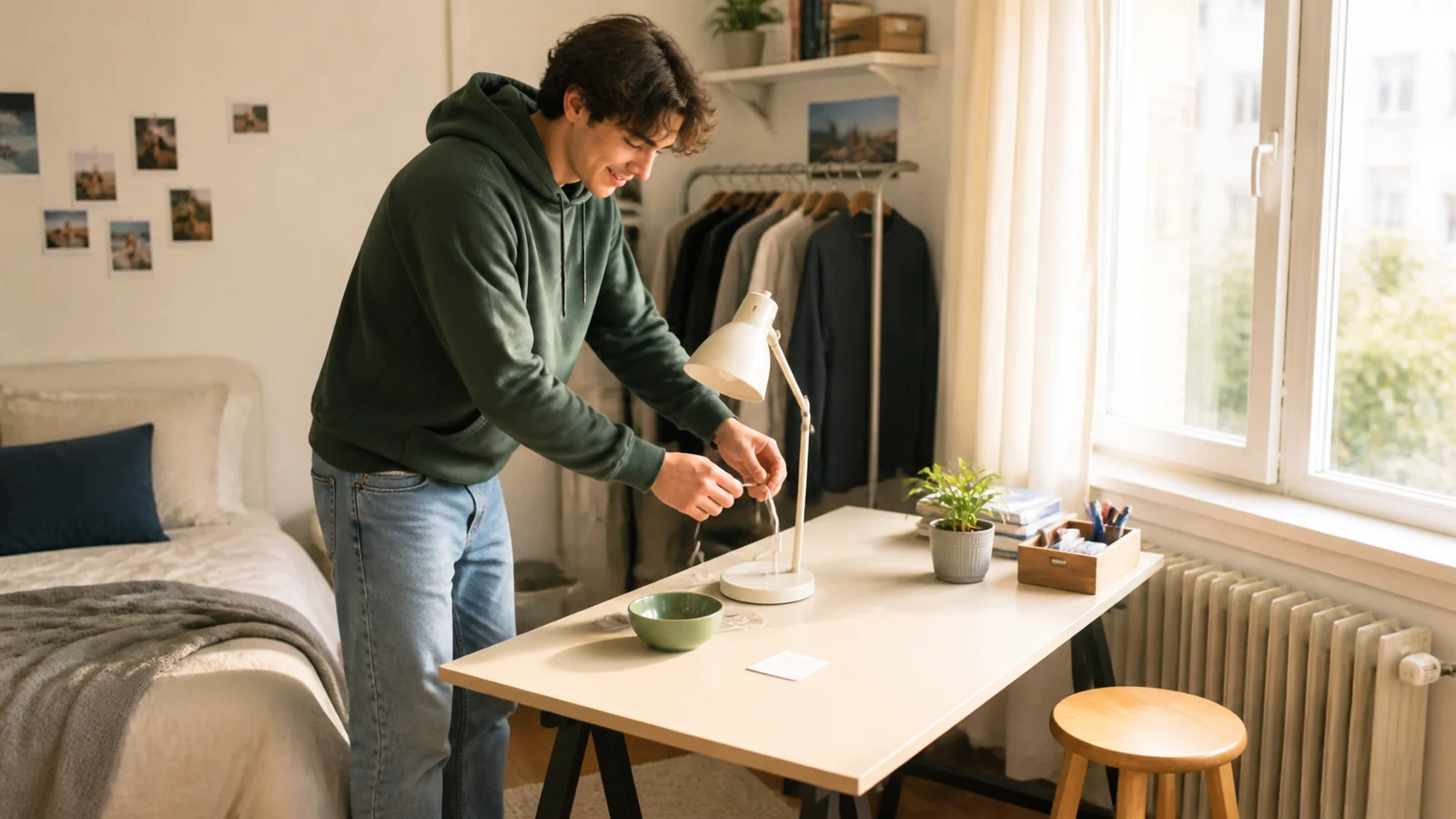 How the empty desk became yours — A university student arranges a plain lamp, cable, bowl, blank transit card and borrowed stool around a bright simple desk over one lived-in first week, warm shared apartment daylight and no readable notes.