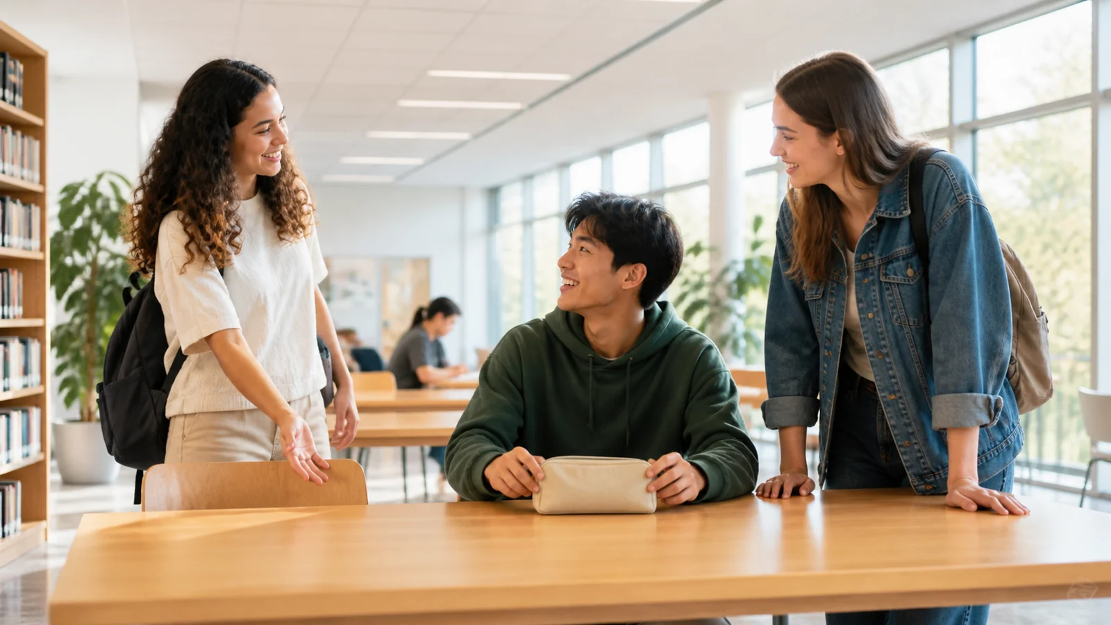 Der erste Platz am Bibliothekstisch — A new university student places a plain pencil case at a spacious bright library table as two friendly peers ask to join, one welcoming empty chair, no readable books, screens or branding.