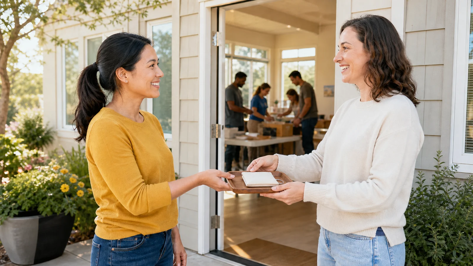 La primera llave de un lugar compartido — A new adult volunteer receives a plain key on a small wooden tray from a welcoming coordinator outside a bright community room, team visible through an open door, no key profile detail or signage.