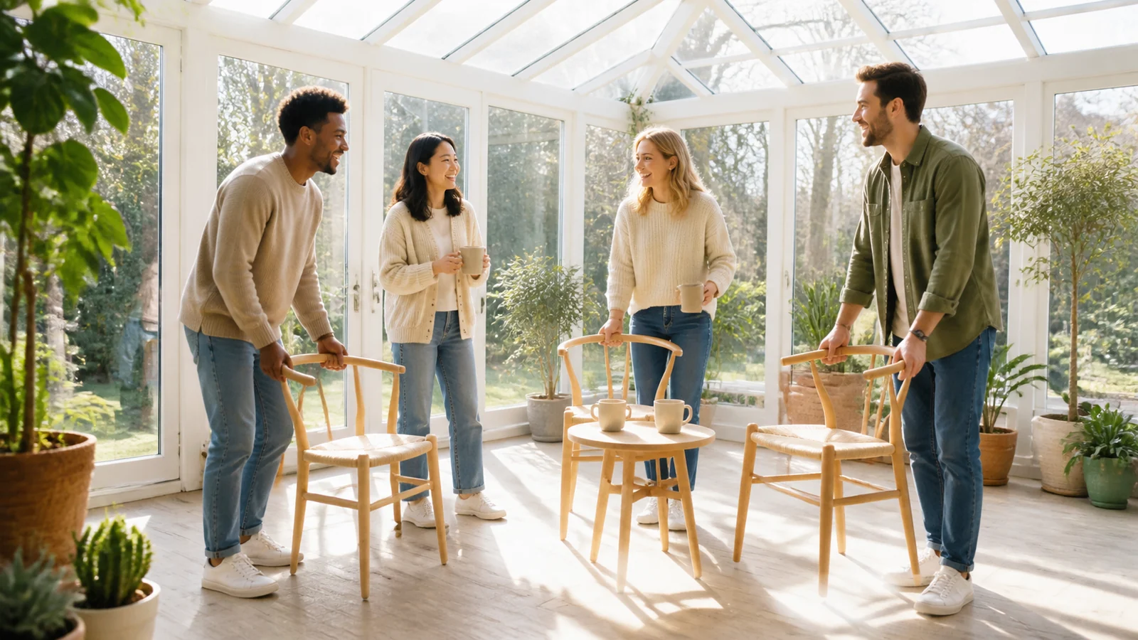 Wir rücken mit der Wintersonne — A diverse group of friends gently moves light wooden chairs and plain mugs to follow a broad patch of bright winter sunlight across an airy conservatory, natural laughter and complete figures.