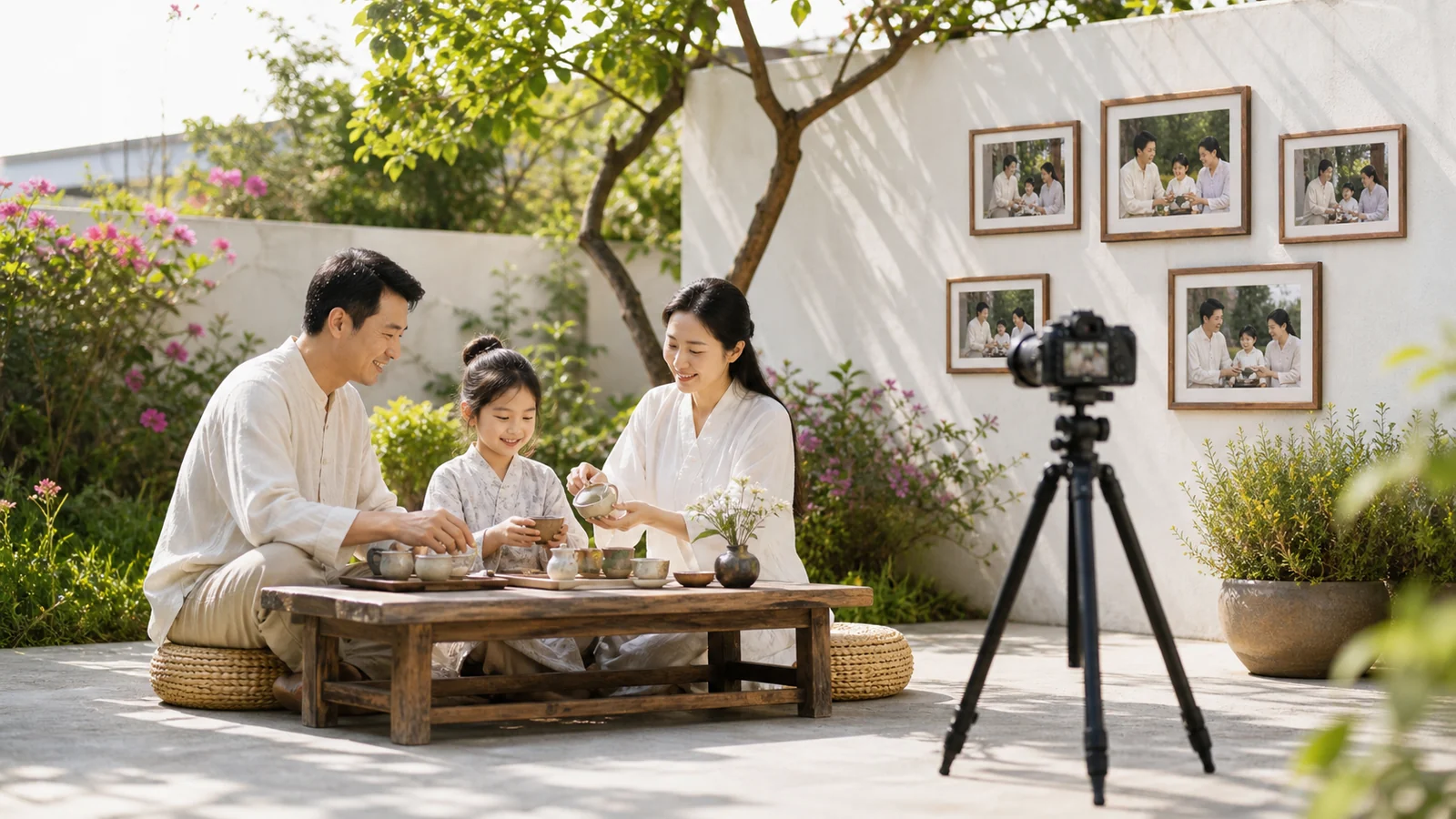 Le même regard chaque année — A family reenacts a simple yearly tea ritual before the same bright garden wall while one plain camera on a tripod records them, subtle framed snapshots from different years nearby without text.