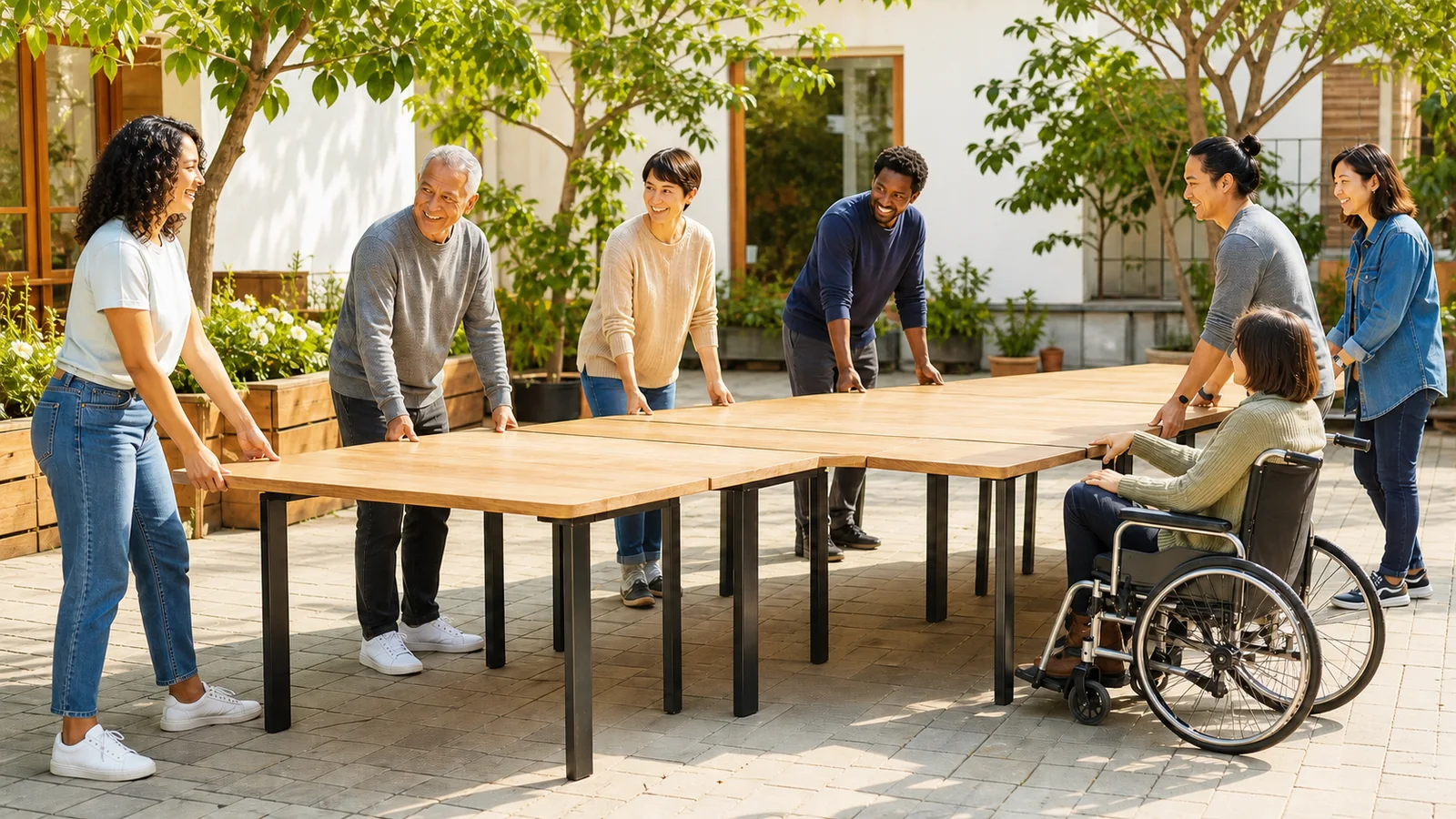 Many tables become one: Each household brings one piece until a real shared place appears in the courtyard.