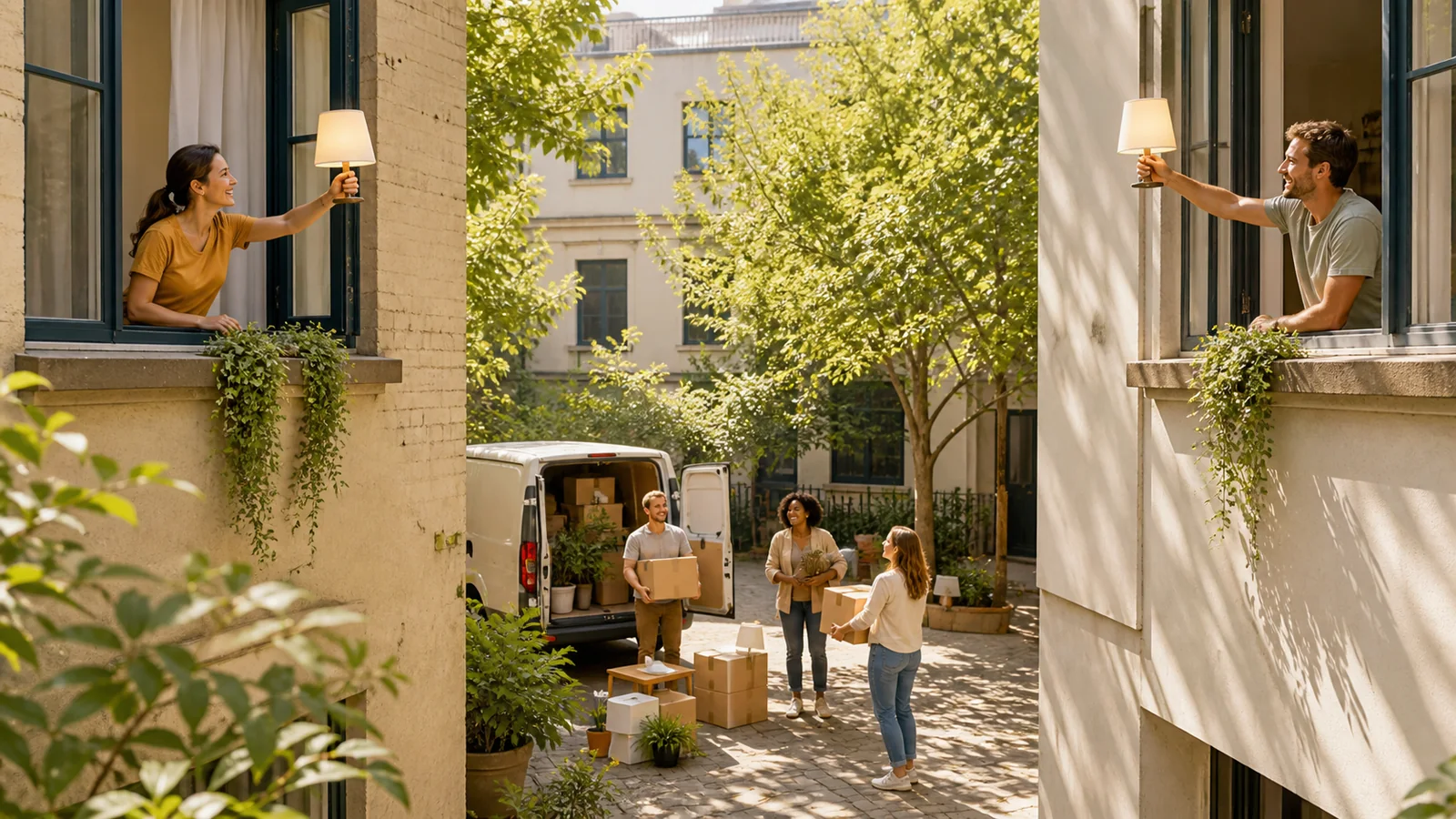 From window to window: A familiar light signal moves too, linking the old courtyard with the new home.
