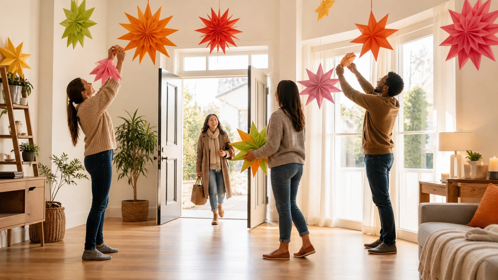 A ceiling of our small stars: Each original folded star belongs to a real shared action and grows into a bright room-sized gift.