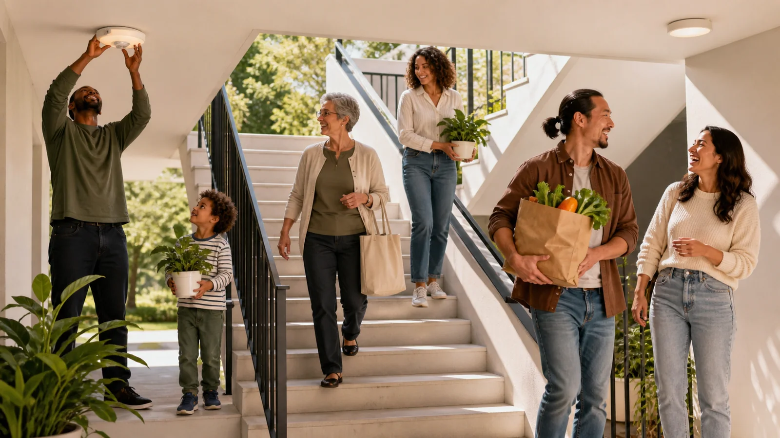 Light moves through the stairwell: Floor by floor, practical acts of neighbourly help become visible.