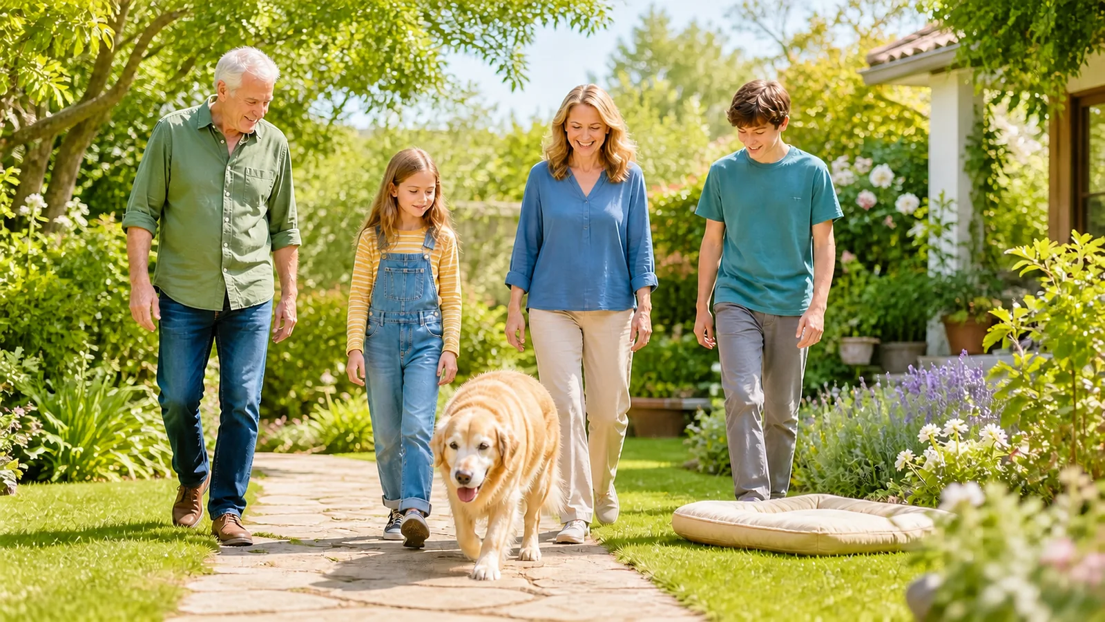 Ein Tag in deinem Tempo: Ein älteres Tier gibt Weg, Pause und Nähe selbst vor; die Familie geht aufmerksam mit.