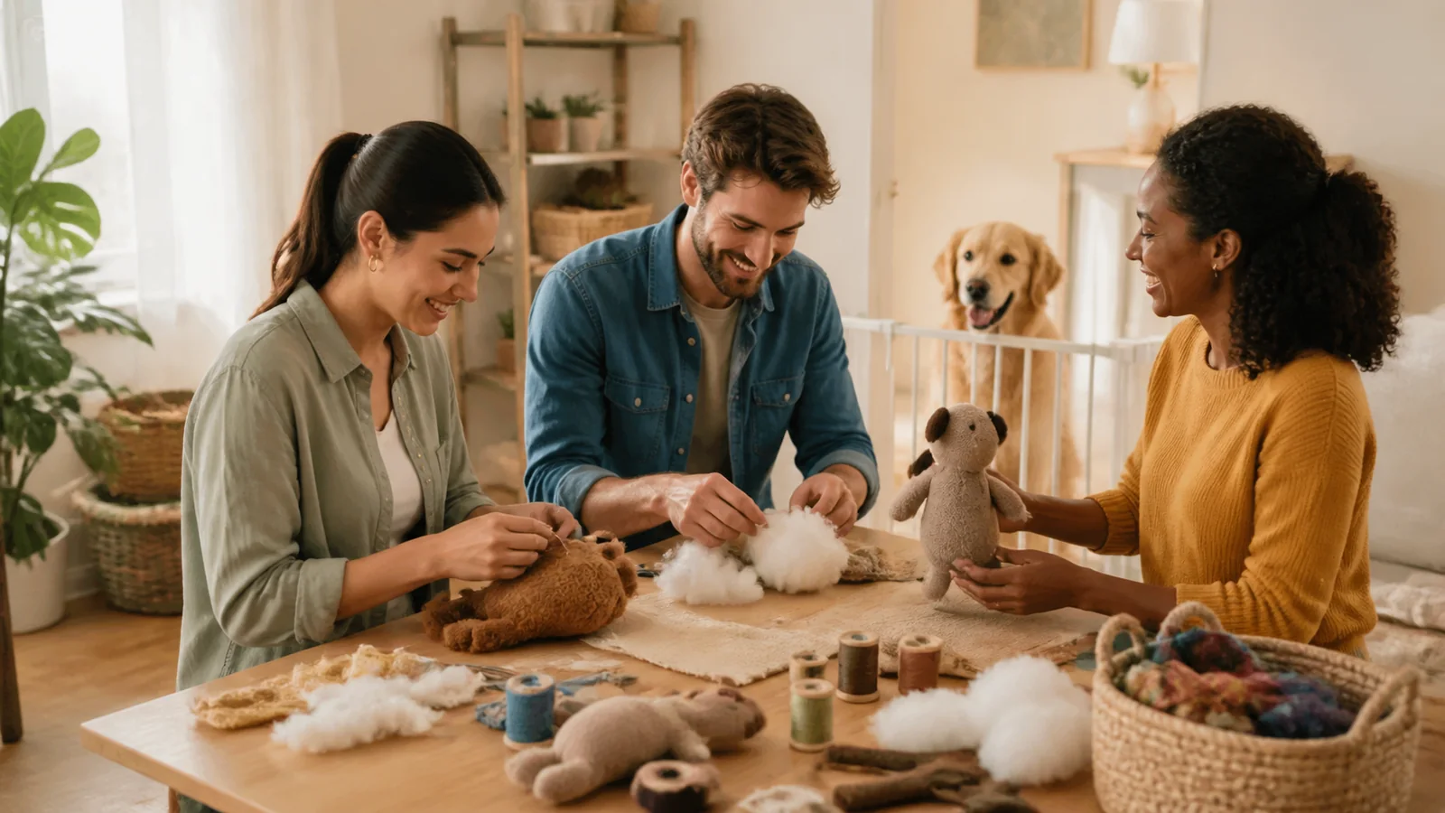 The favourite-toy repair room: People honestly check whether a familiar toy can be repaired safely while the pet stays away from tools.