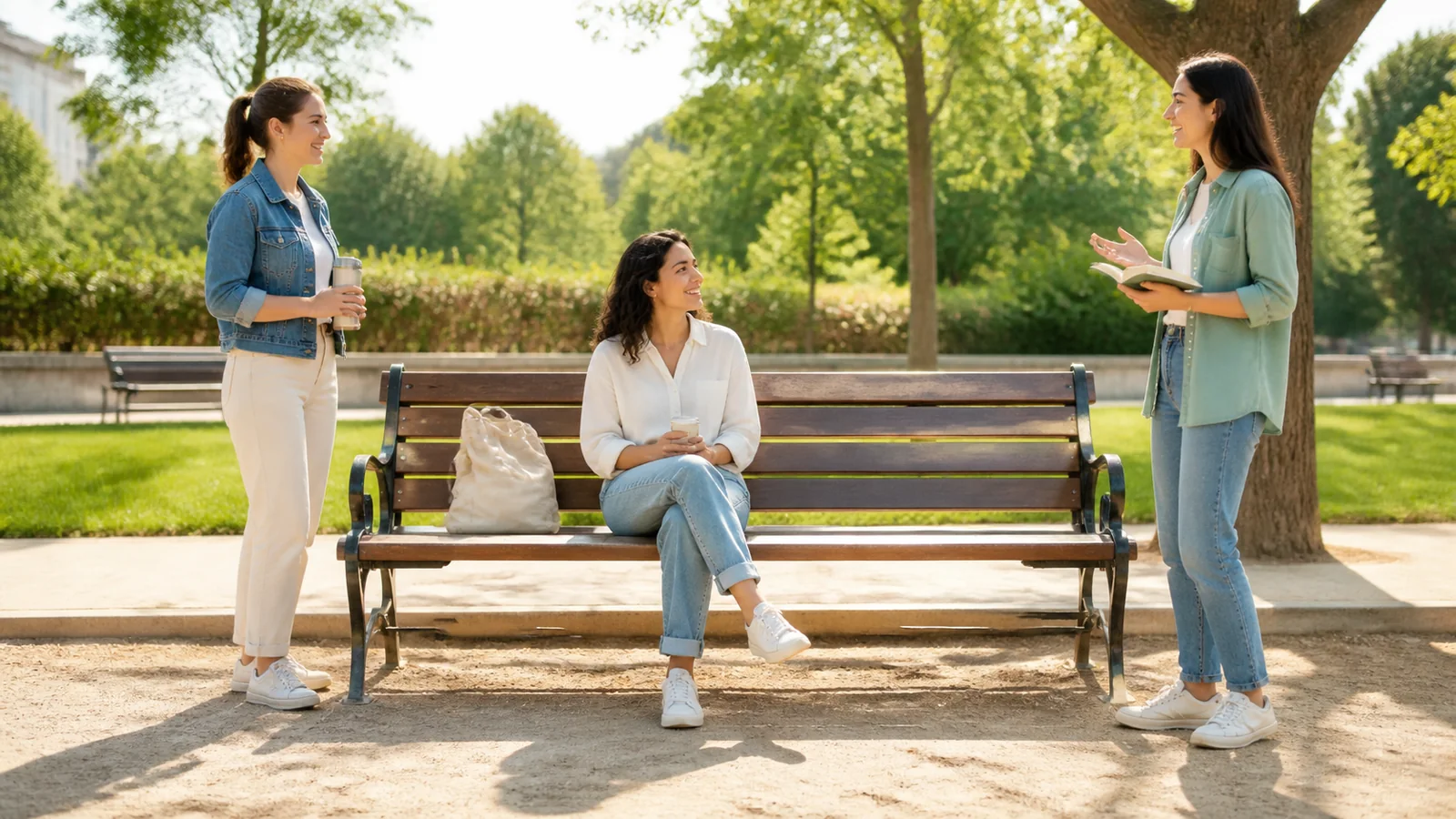 Die ruhige Schicht auf der Bank: Freunde teilen Zeit und Abstand auf einer hellen Bank, ohne ein Gespräch oder eine Lösung zu verlangen.