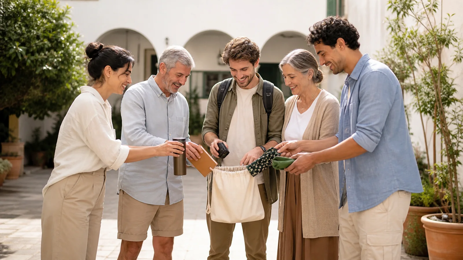 One pouch, many hosts: A plain cloth pouch gathers only permitted everyday objects and the people who freely share them.