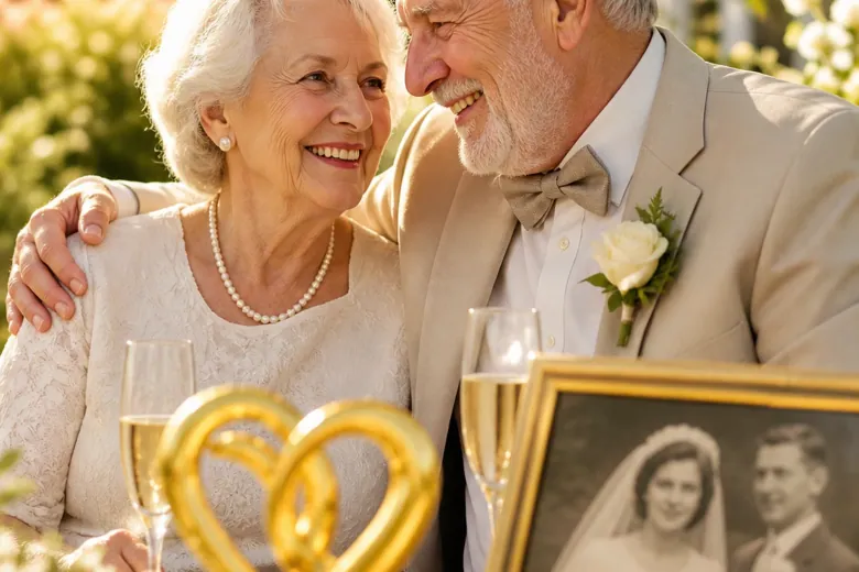 An older couple with a framed wedding photo in warm light.