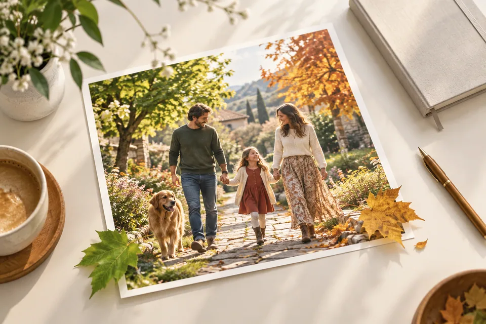 Illustration eines Familienfotos im frühen Herbst, aus dessen Ecken ein grünes und ein goldenes Blatt hervortreten.