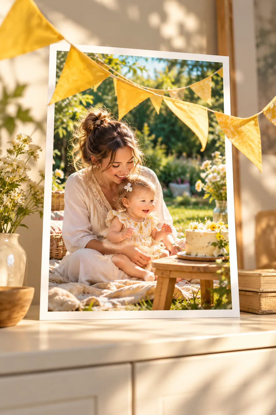 Illustration eines Geburtstagsmoments am Ende des ersten Babyjahrs; eine gelbe Stoffwimpelkette schwingt über den Rand des Fotos hinaus.