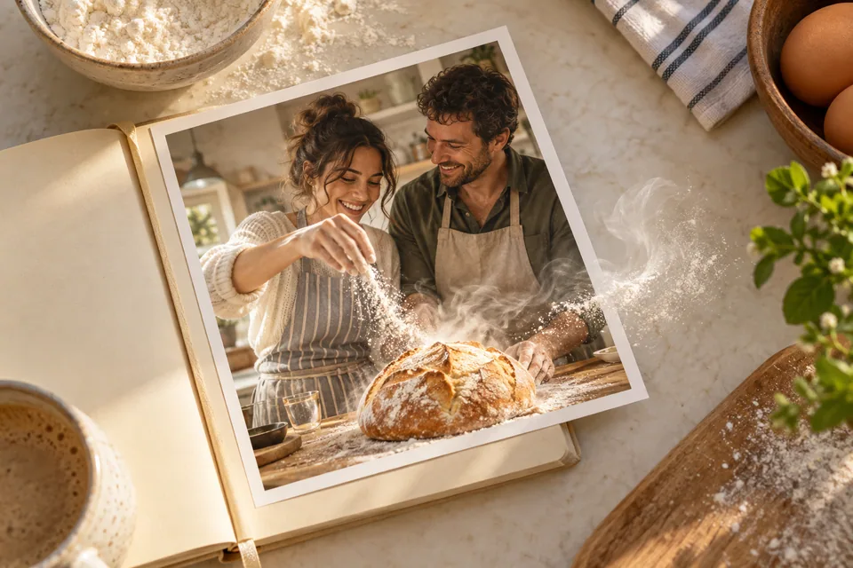 Illustration eines gemeinsamen Backmoments, aus dessen Foto Mehlstaub und warmer Brotdampf hervorsteigen.