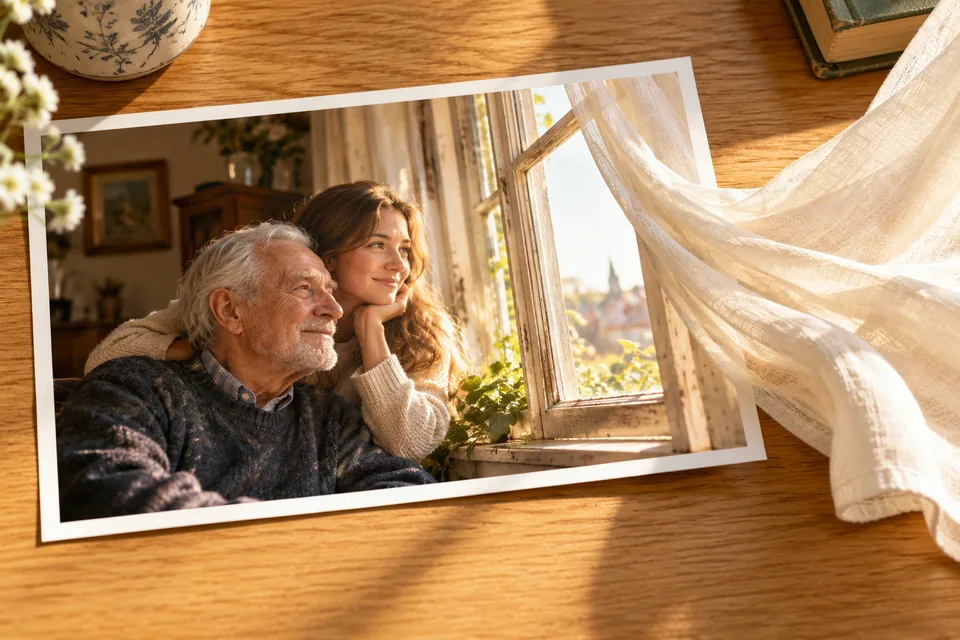 Fantasievolle Illustration eines Großvaters mit seiner erwachsenen Enkelin am Fenster eines vertrauten Hauses; eine helle Gardine weht aus dem Erinnerungsfoto heraus.