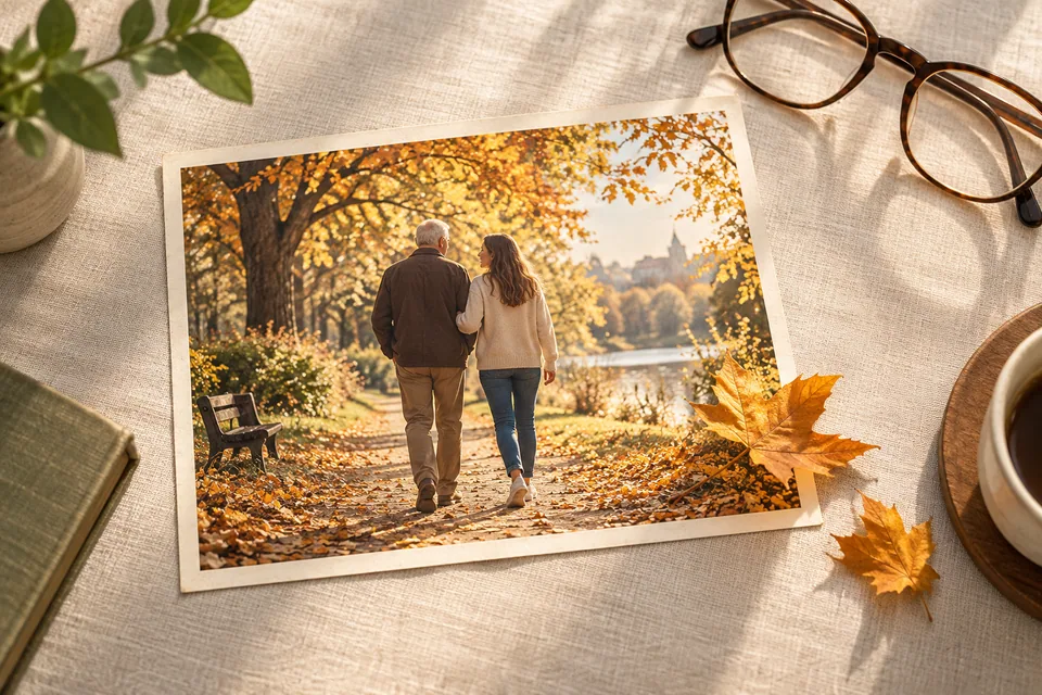 Illustration eines gemeinsamen Herbstspaziergangs, aus dessen Foto goldene Blätter auf den Tisch fallen.
