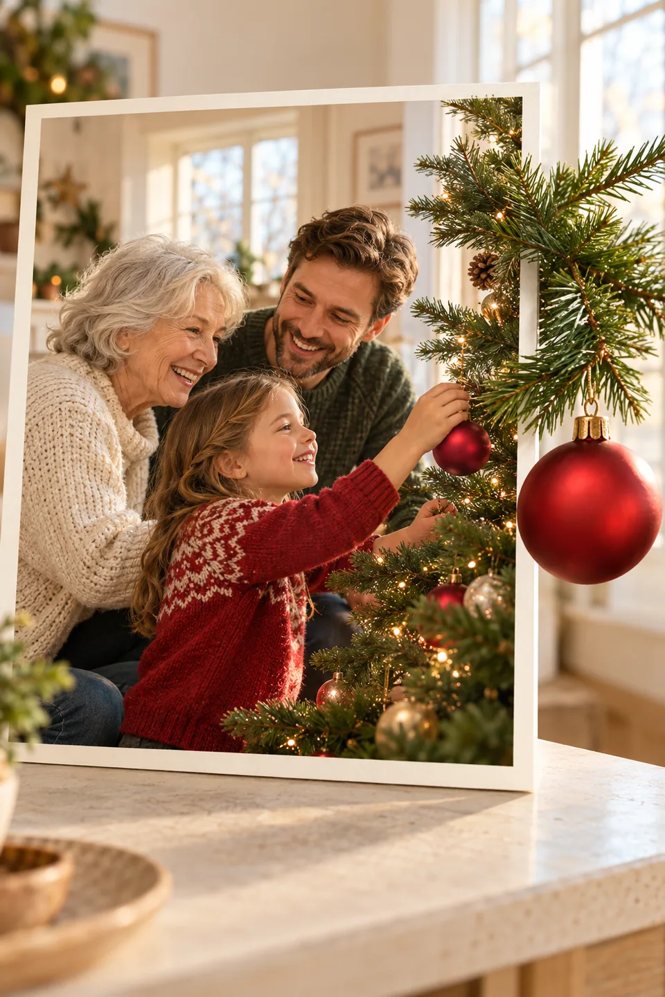 Illustration von drei Generationen beim Schmücken eines Weihnachtsbaums; ein Tannenzweig mit roter Kugel tritt räumlich aus dem Foto hervor.