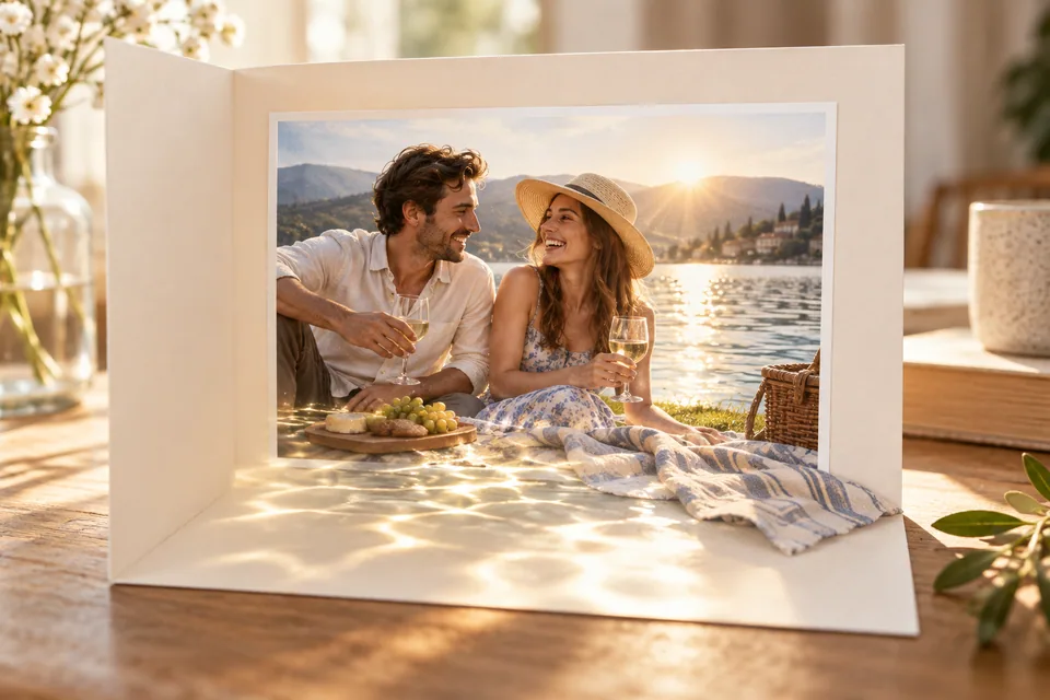 Illustration eines persönlichen Fotos in einer offenen Karte, aus dem Lichtreflexe und eine Stofffalte räumlich hervortreten.