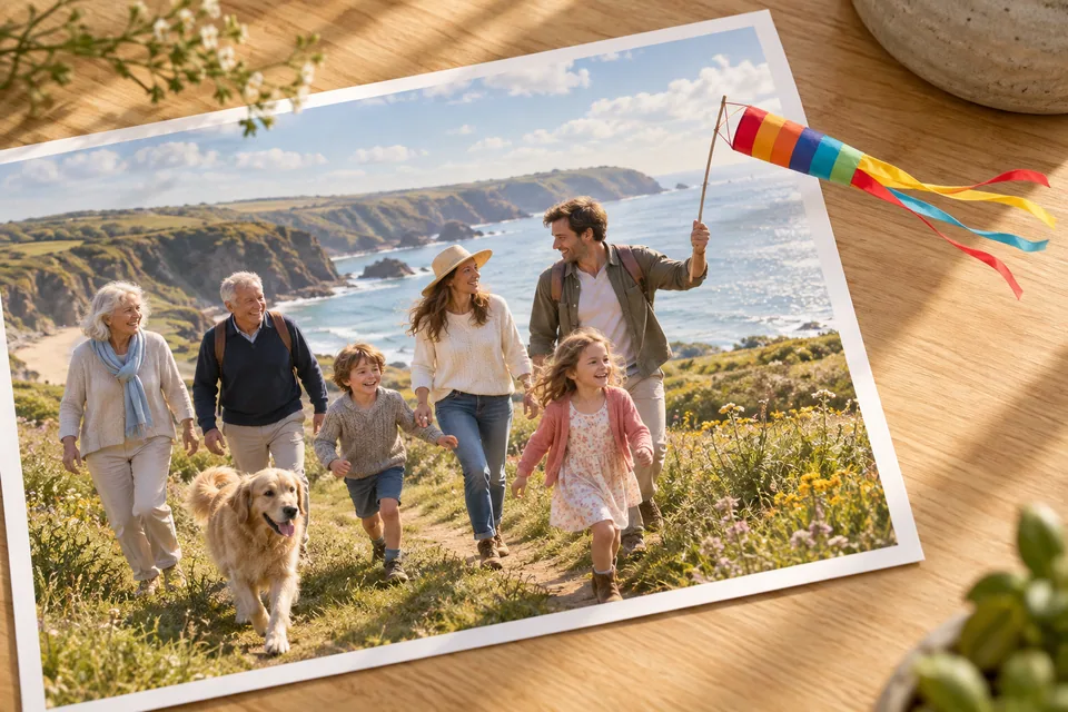 Illustration einer Familie auf einem Küstenweg, deren bunter Windsack über den Fotorand hinausweht.