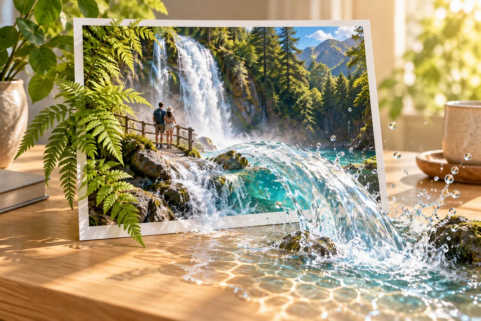 Fantasievolle Illustration eines Wasserfalls, der aus einem persönlichen Foto als räumlicher Wasserbogen auf den Tisch strömt.