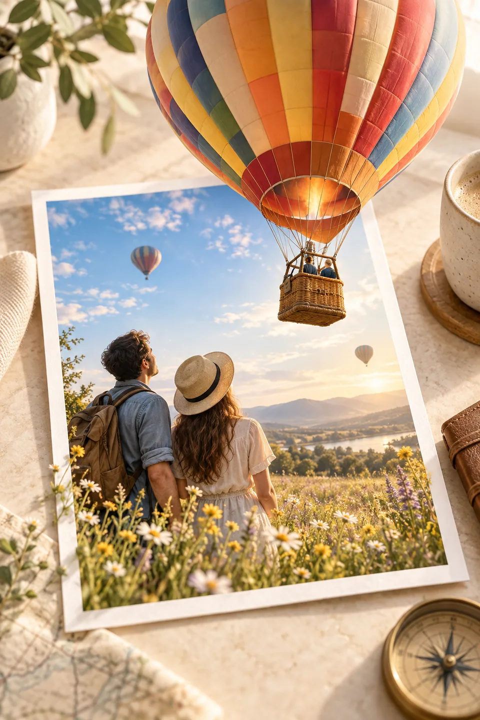 Illustration einer Reiseerinnerung mit zwei Erwachsenen und einem Heißluftballon, dessen Hülle räumlich über den Fotorand hinauswächst.