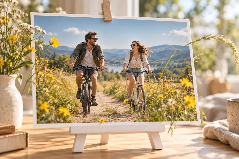 Illustration eines Fotos zweier Freunde auf Fahrrädern, aus dessen Rand Wiesenblumen räumlich hervortreten.
