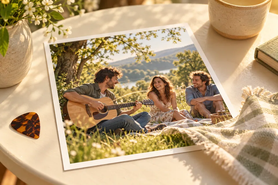 Illustration eines musikalischen Geburtstagsmoments, bei dem ein Picknicktuch über den Fotorand hinausweht.