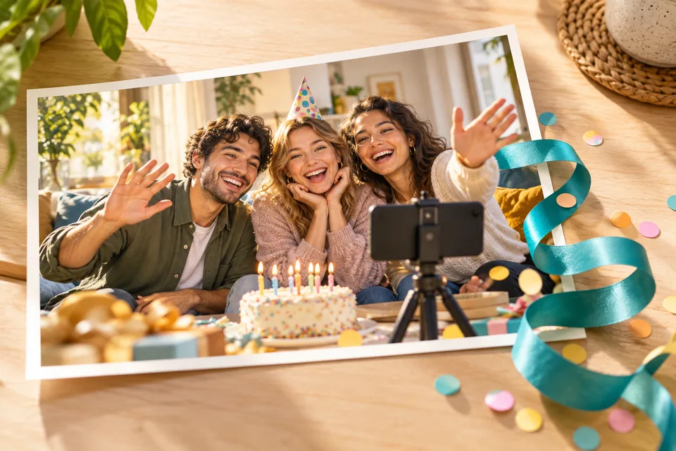 Illustration dreier Freunde bei der Aufnahme eines Geburtstagsgrußes; ein türkisfarbenes Band windet sich aus dem Foto.