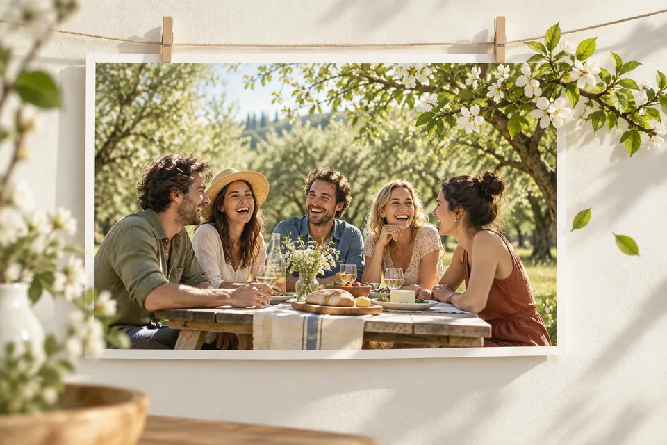Illustration eines Gruppenfotos unter einem Obstbaum, dessen Zweige und Blätter über den Bildrand hinausragen.