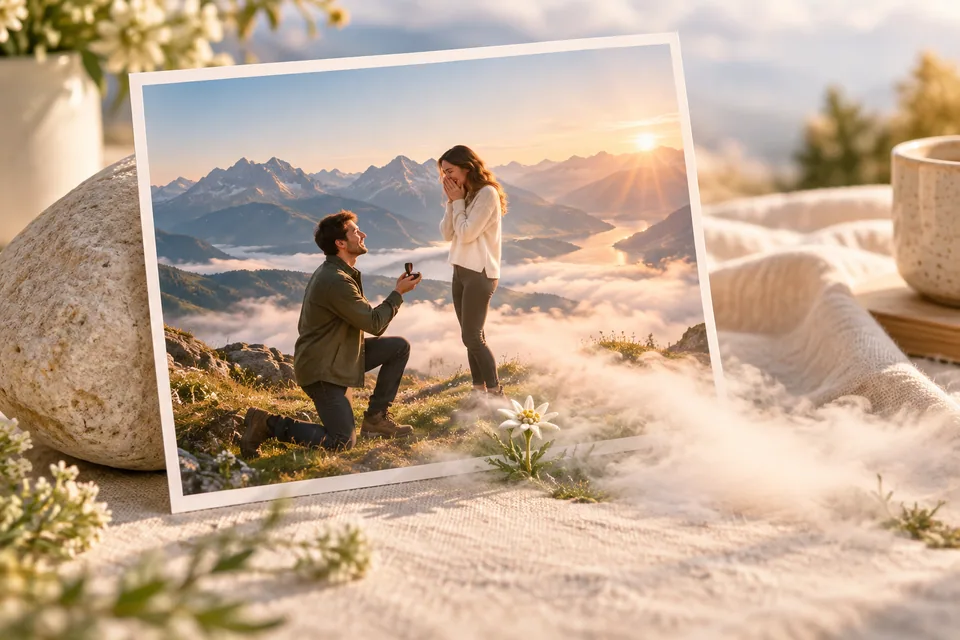 Illustration eines Heiratsantrags im Bergpanorama, aus dessen Fotorand Morgennebel und eine Wiesenblume hervortreten.