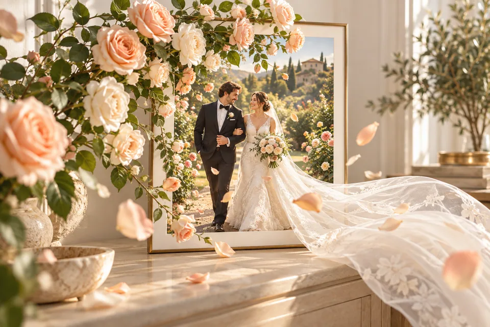 Fantasievolle Hochzeitsillustration: Ein großer Rosenbogen und ein wehender Schleier treten räumlich aus dem Foto hervor.