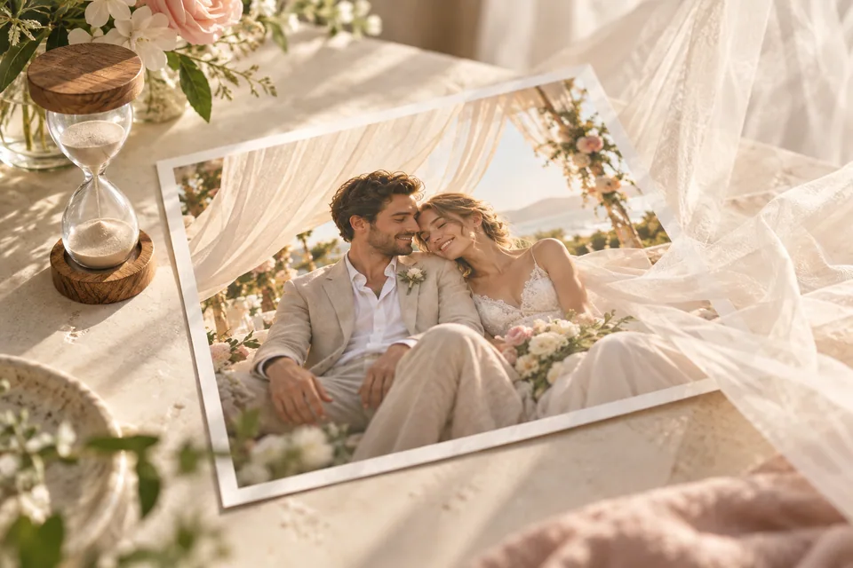 Illustration eines ruhigen Hochzeitsmoments neben einer Sanduhr, mit einem Baldachinstoff, der aus dem Foto hervorweht.