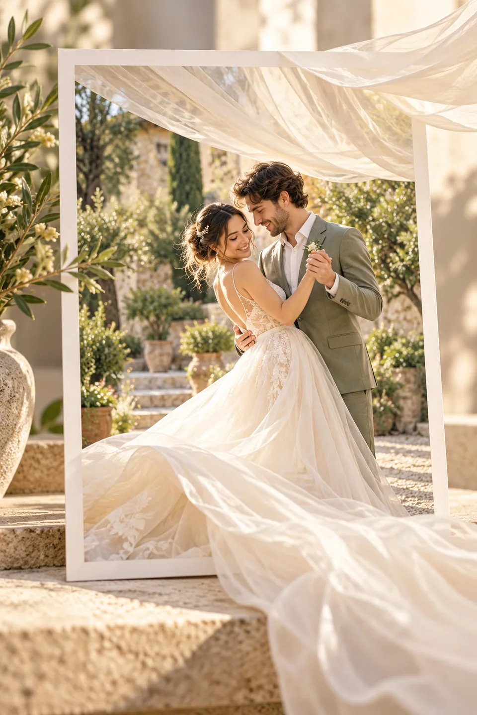Fantasievolle Illustration eines ersten Hochzeitstanzes; Baldachinstoff und ein Kleidsaum wehen räumlich aus dem Foto hervor.