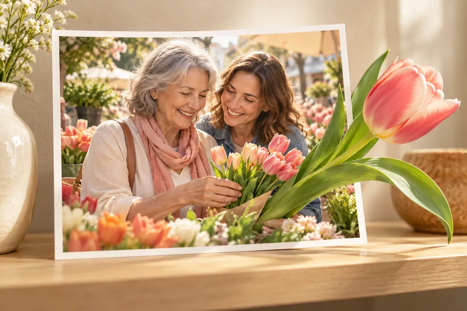 Fantasievolle Muttertagsillustration: Mutter und Tochter auf einem Blumenmarkt, mit Tulpenblättern, die aus dem Foto herauswachsen.