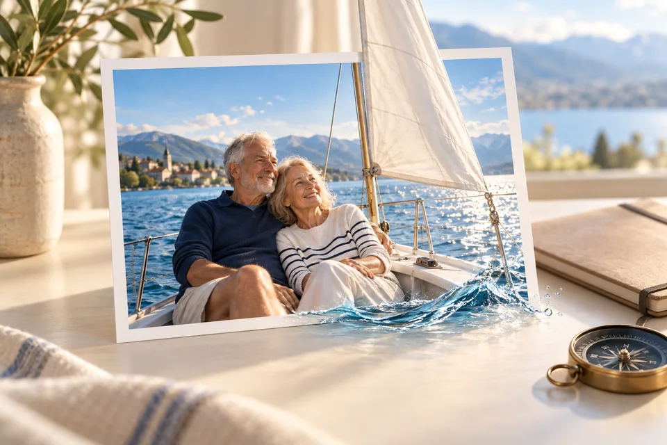 Illustration eines Segelfotos eines älteren Paars, dessen Segel und Wasserwellen über den Fotorand hinausreichen.