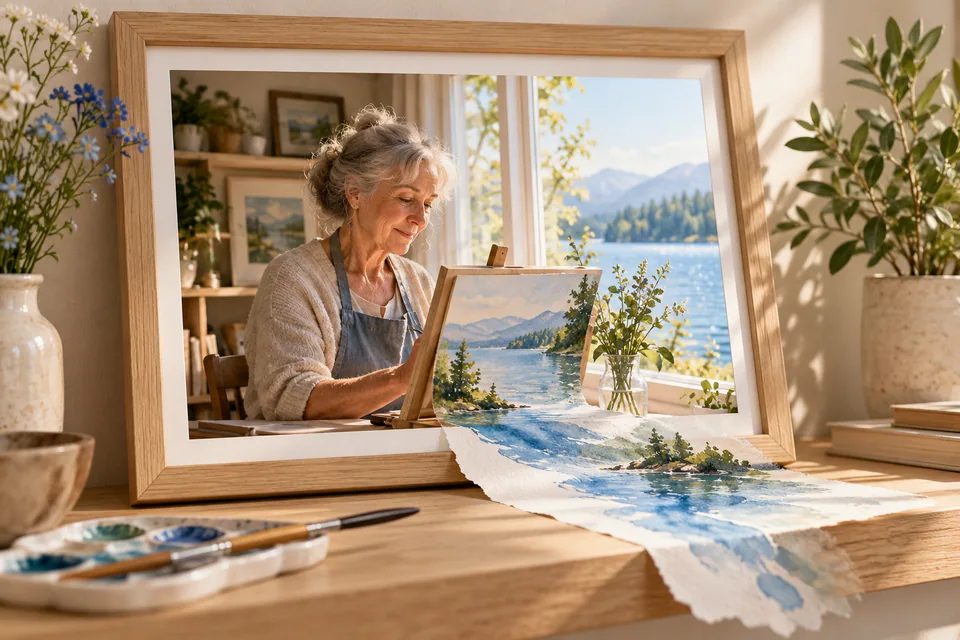 Ruhige Erinnerungsillustration einer älteren Frau beim Aquarellmalen; ein blauer Farbzug und Papier reichen über den Fotorand hinaus.