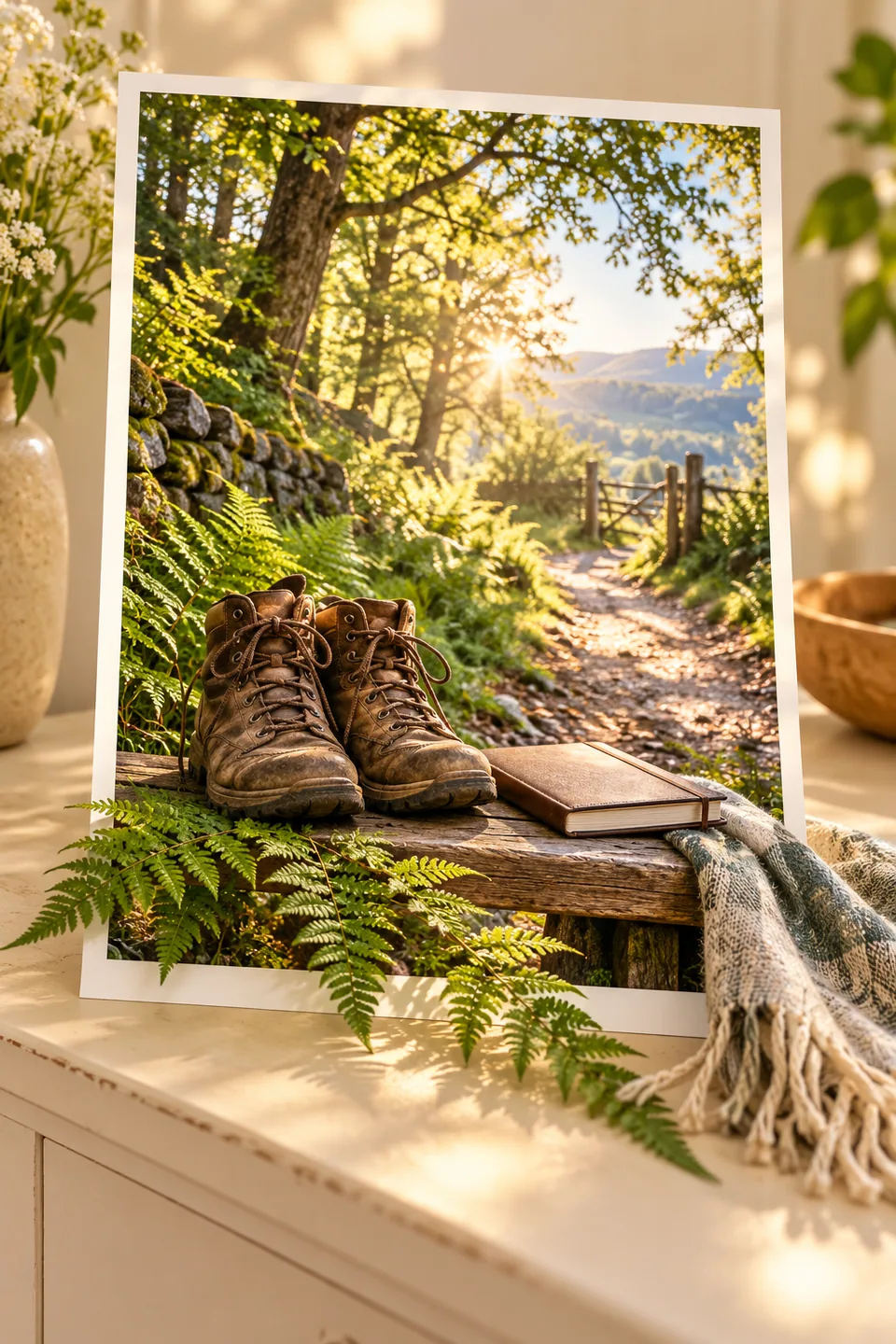 Ruhige Erinnerungsillustration mit Wanderschuhen und Notizbuch an einem Waldweg; Farn und ein Leinentuch treten aus dem Foto hervor.
