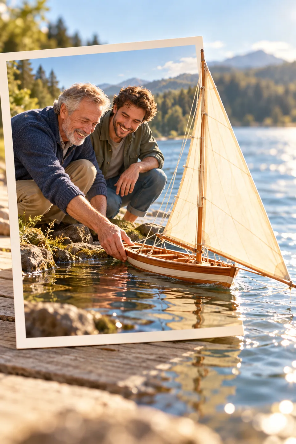 Fantasievolle Vater-Sohn-Erinnerung am Teich: Das helle Segel eines Modellboots tritt räumlich aus dem Foto hervor.