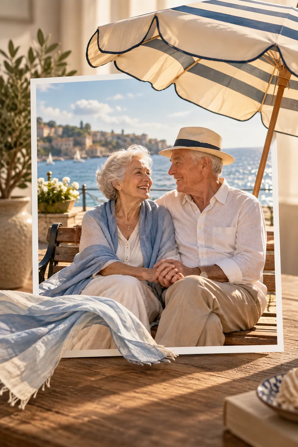 Illustration eines älteren Paares auf einer Bank am Meer; ein Sonnenschirm und ein wehender Schal treten räumlich aus dem Foto hervor.