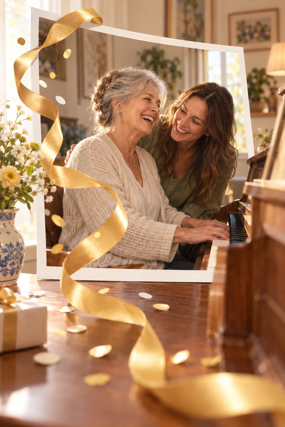 Illustration einer gemeinsamen Musikerinnerung zum Geburtstag: Ein goldenes Band tritt aus dem Foto einer Frau am Klavier mit ihrer erwachsenen Tochter hervor.