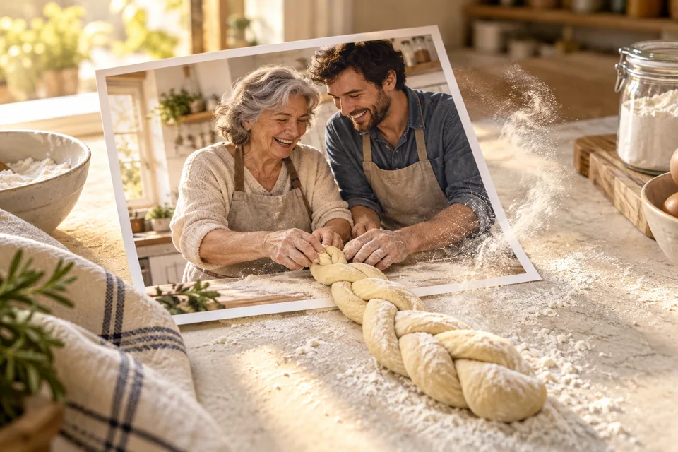 Illustration von Mutter und erwachsenem Sohn beim Brotbacken; Teig und ein feiner Mehlwirbel treten aus dem Familienfoto hervor.
