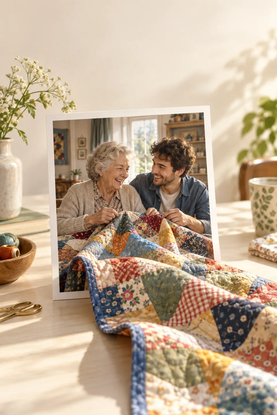 Illustration einer Großmutter und ihres erwachsenen Enkels beim Nähen, mit einer bunten Decke, die aus dem Erinnerungsfoto hervortritt.