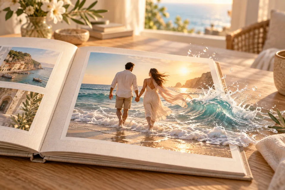 Illustration eines Fotoalbums, aus dessen Strandfoto mit einem Paar eine Meereswelle räumlich hervortritt.