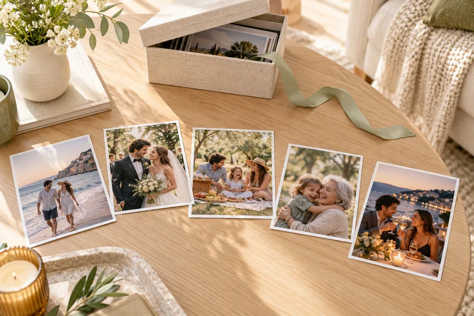 Fünf Fotos von Reise, Hochzeit und Familienmomenten liegen in einer Reihe auf einem hellen Holztisch.