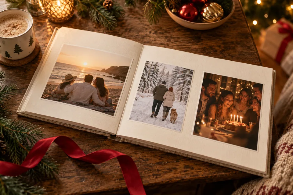 Offenes Fotoalbum mit Strand-, Winter- und Geburtstagsfotos neben rotem Band und Weihnachtsdekoration.