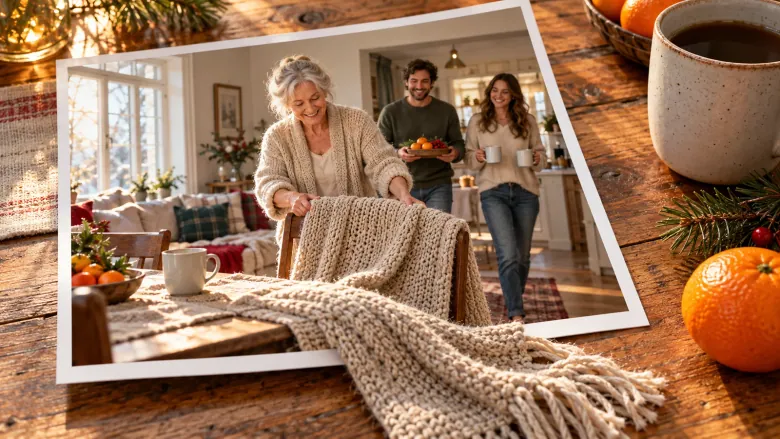 A family gathers for Christmas breakfast, with a knitted blanket extending out of a photo onto the table.