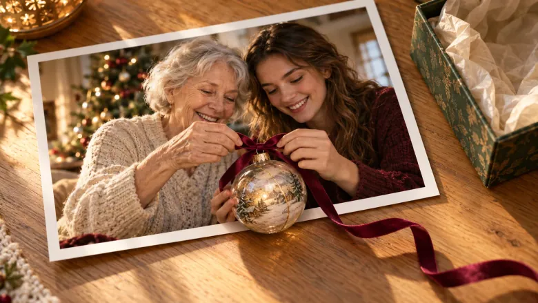Two generations tie a ribbon around a Christmas ornament that projects out of a photograph.