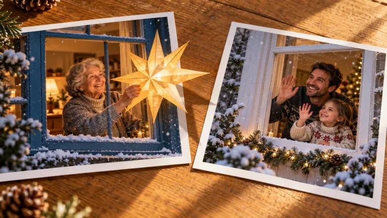 Two photos show Christmas greetings at separate windows, with a paper star extending out of one picture.