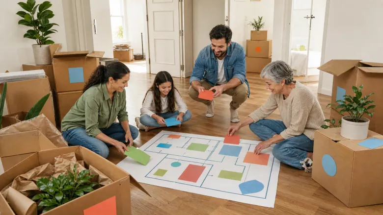 Aus Kartons wird unser Zuhause: Jeder geöffnete Karton verbindet einen alten Raum mit einer heutigen Entscheidung. Die Karte wächst, während die Kisten leer werden, bis der erste Gast den neuen Mittelpunkt betritt.