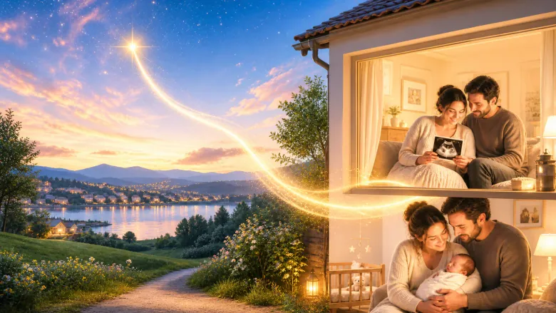 Bright star travelling at sunrise toward expectant parents and a warm family home