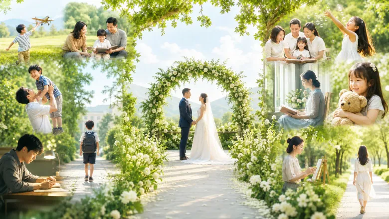 Two sunny life roads full of memories converging into a bright wedding aisle